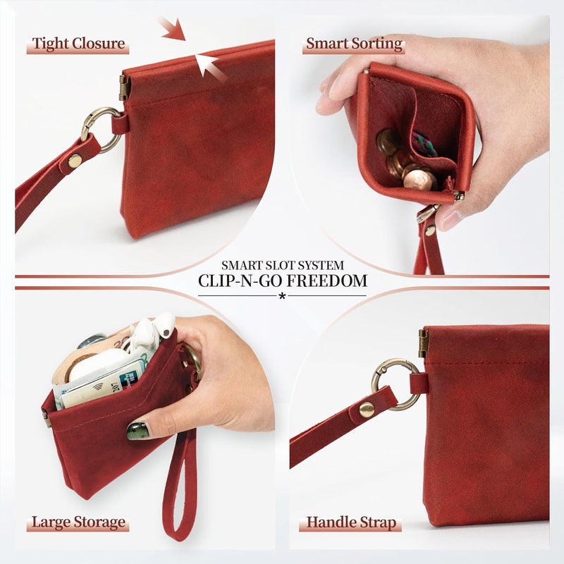 Aesthestyle Leather Coin Pouch with Wristlet, Coin Purse with Dual Interlayer, Card and Change Holder, Change Purse without Zipper, Squeeze Coin Wallet, Handmade Genuine Leather Pouch For Men/Women - Image 5